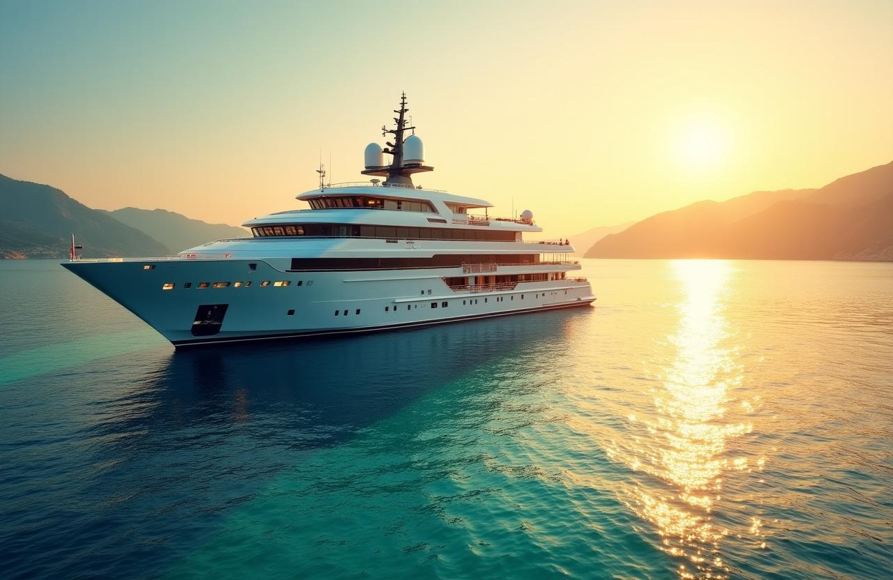 Nave di lusso Umbra Voyager al tramonto nel Mediterraneo